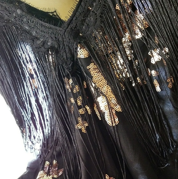 Flirty Tassel Sequins Black Gold Dress - Picture 4 of 5